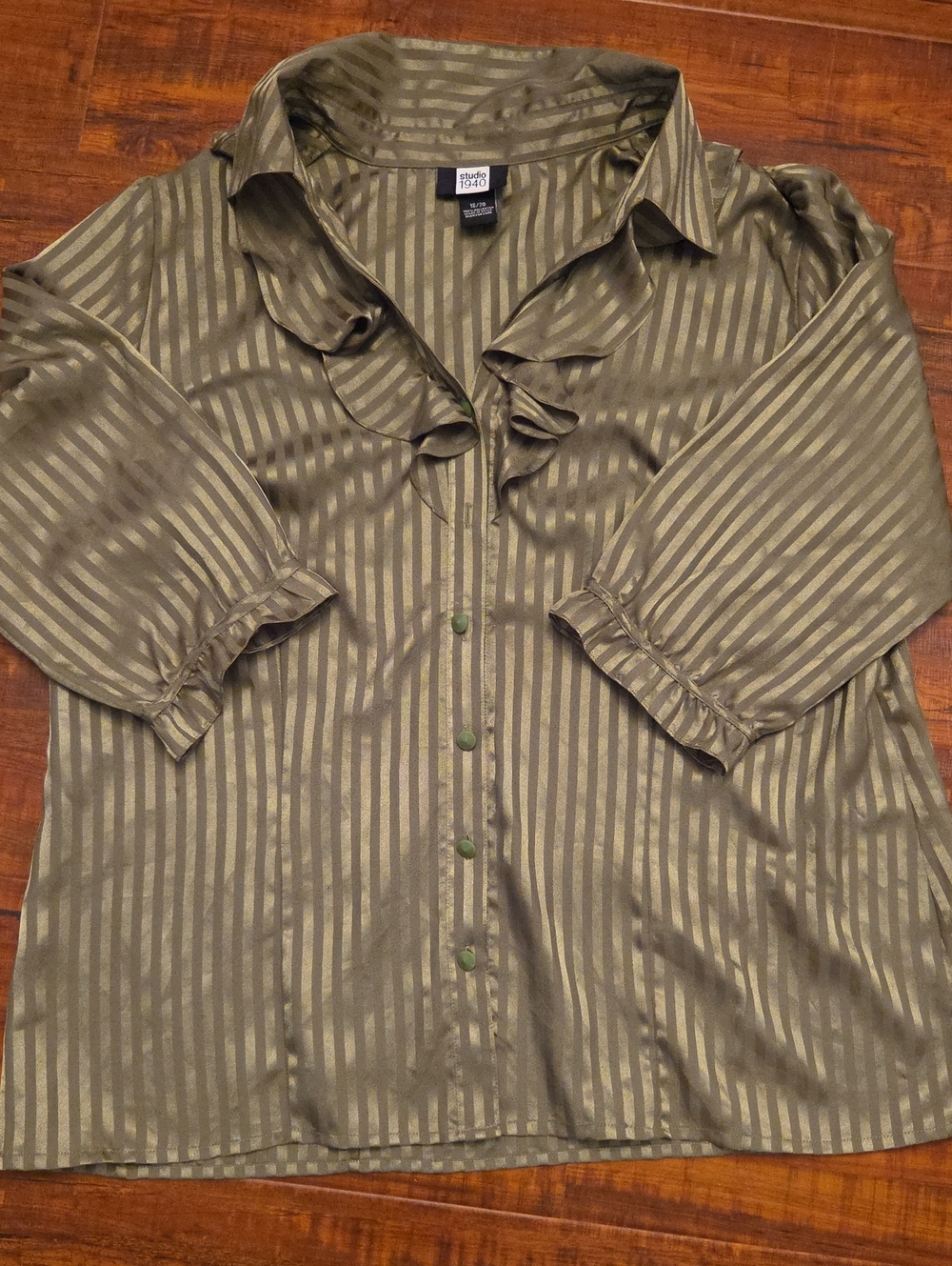 Studio 1940 Olive Satin-Striped Ruffle Button-Front Blouse